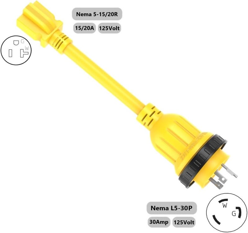 ADCAUDX 1FT 30-Amp to 15-Amp Marine-Shore Power-Adapter NEMA L5-30P to 5-15/20R,10AWG 30Amp to 20Amp T Blade Marine Adapter Plug,Twist Lock 125V 30A to 20A/ 15A Household Outlet Pigtail Boat - Image 4